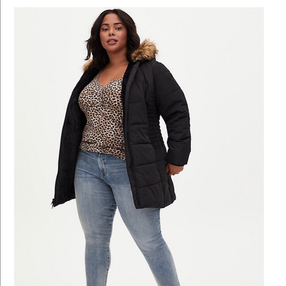 BLACK FAUX FUR TRIM HOODED PUFFER COAT Sz 6